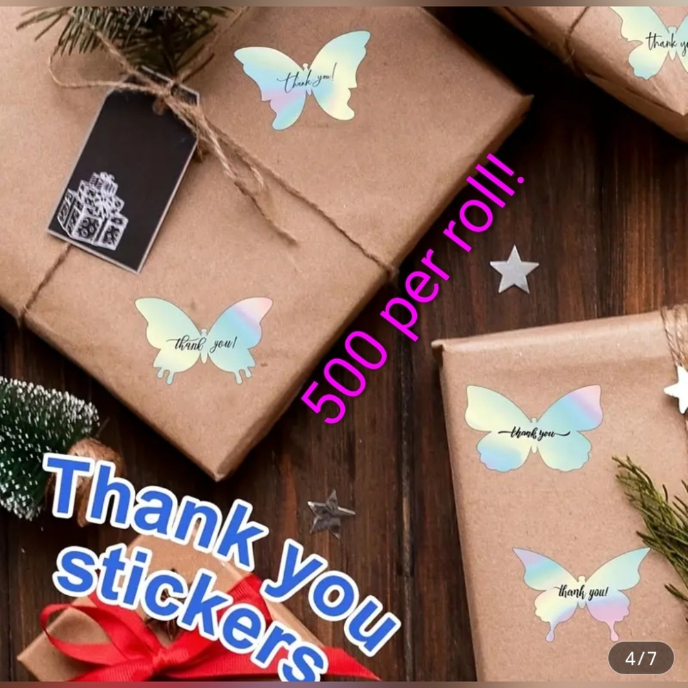 HOLOGRAPHIC Thank You BUTTERFLY 🦋 STICKER ROLLS 📬 500 PER ROLL ❤️